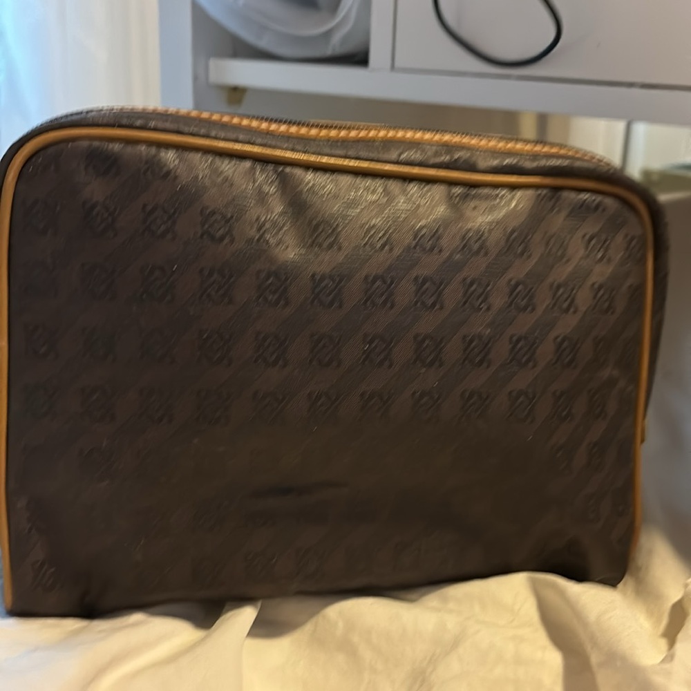 LOEWE CANVAS & LEATHER TRIM TAN BROWN LOGO CLUTCH MAKEUP BAG - Picture 3 of 9